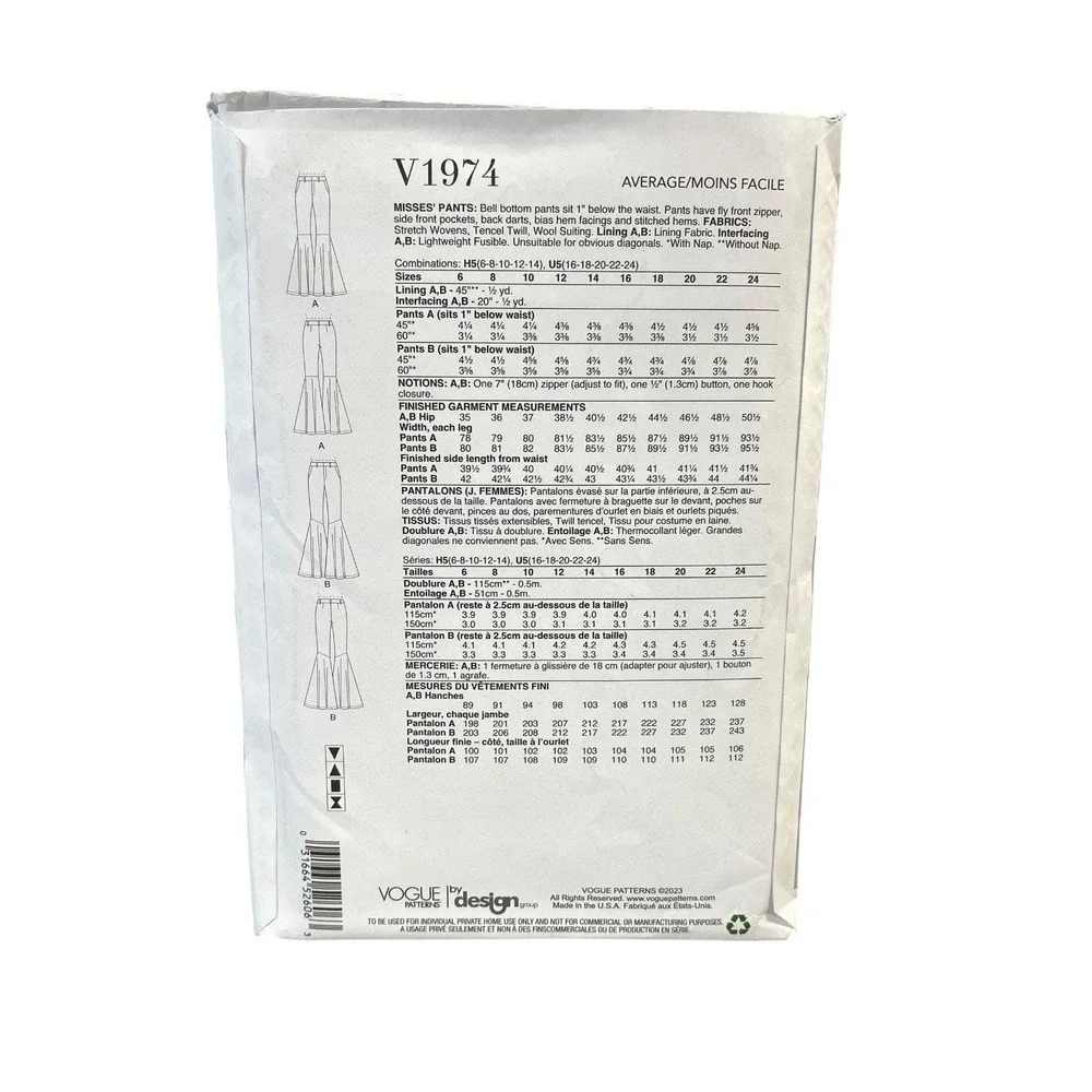 Vogue V1974‎ Bell Bottom Pants Sewing Pattern U5 16-24 Flared Retro